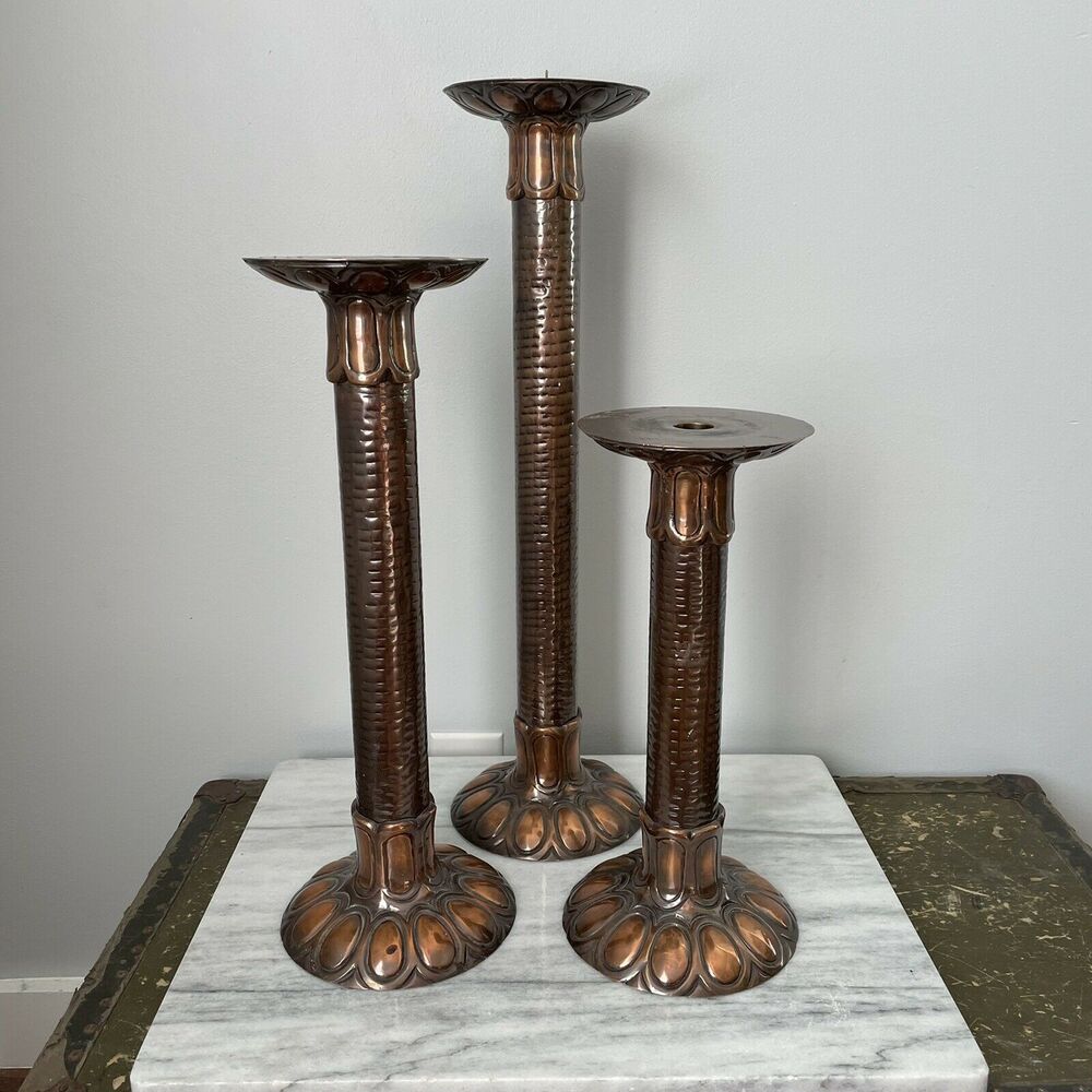 Copper Candlestick Holder Floor Large Elegant Hammered Patina Set Of 3 Decor
